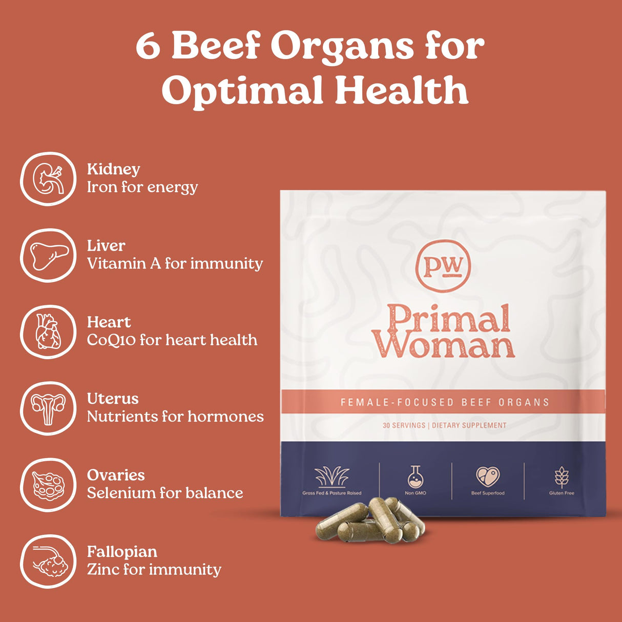 Primal Woman Beef Organ Supplement for Women - Heart, Liver for Women, Grass Fed, Pasture Raised Liver | Primal Beef Organ Capsules Woman (60 Capsules)