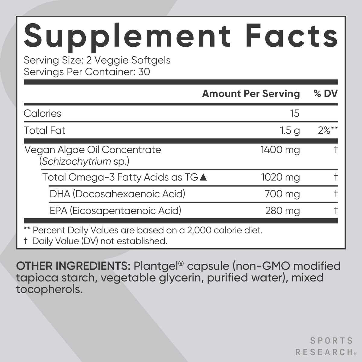Sports Research® Vegan Omega-3 Algae Oil 1020mg, 60 Count Plantgels™