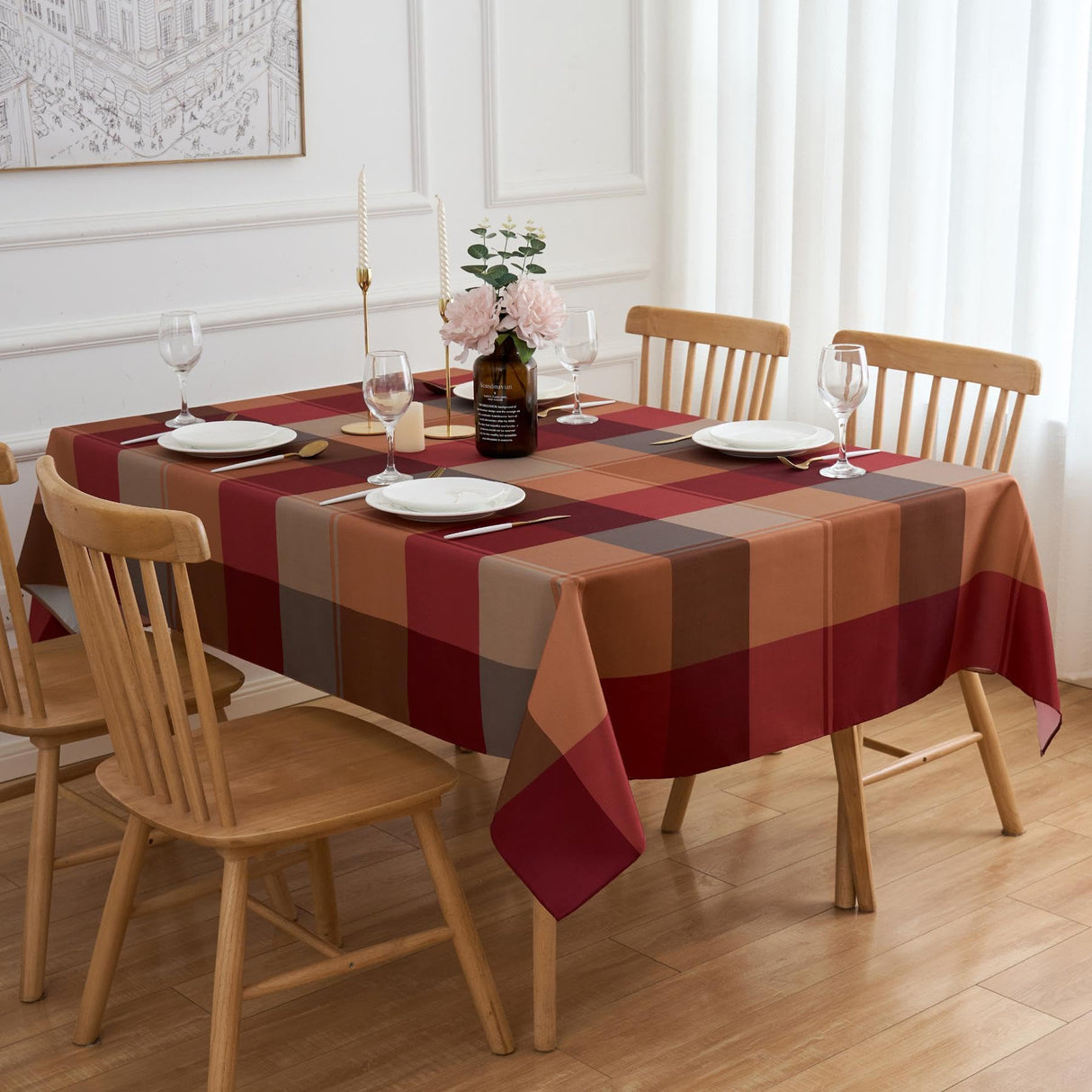 Red Brown Plaid Winter Rectangle Tablecloth - 60 x 120 Inch Oblong Polyester Checkered Gingham Christmas Table Cover Reusable Water Resistant for Fall/Autumn Thanksgiving Holiday Kitchen Dining