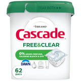 Cascade Free & Clear Dishwasher Pods, Dishwasher Detergent, Dish Detergent Soap, Unscented, 62ct