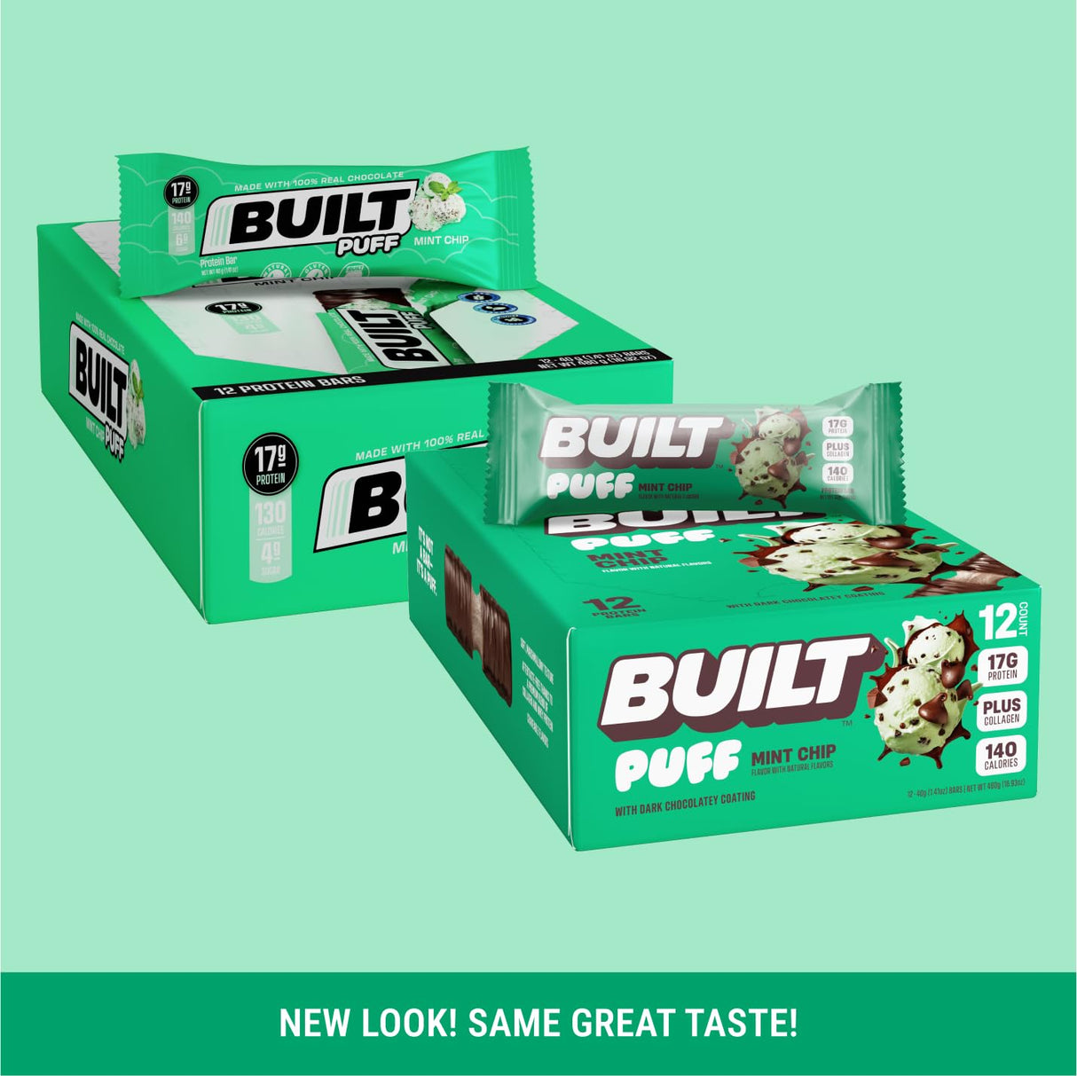 Built Bar, Puff Protein Bars, Mint Chip Puff, 17g Protein Snacks, On-The-Go Bars, Only 140 Calories, 6g Sugar, Collagen, Gluten Free, 12 Count