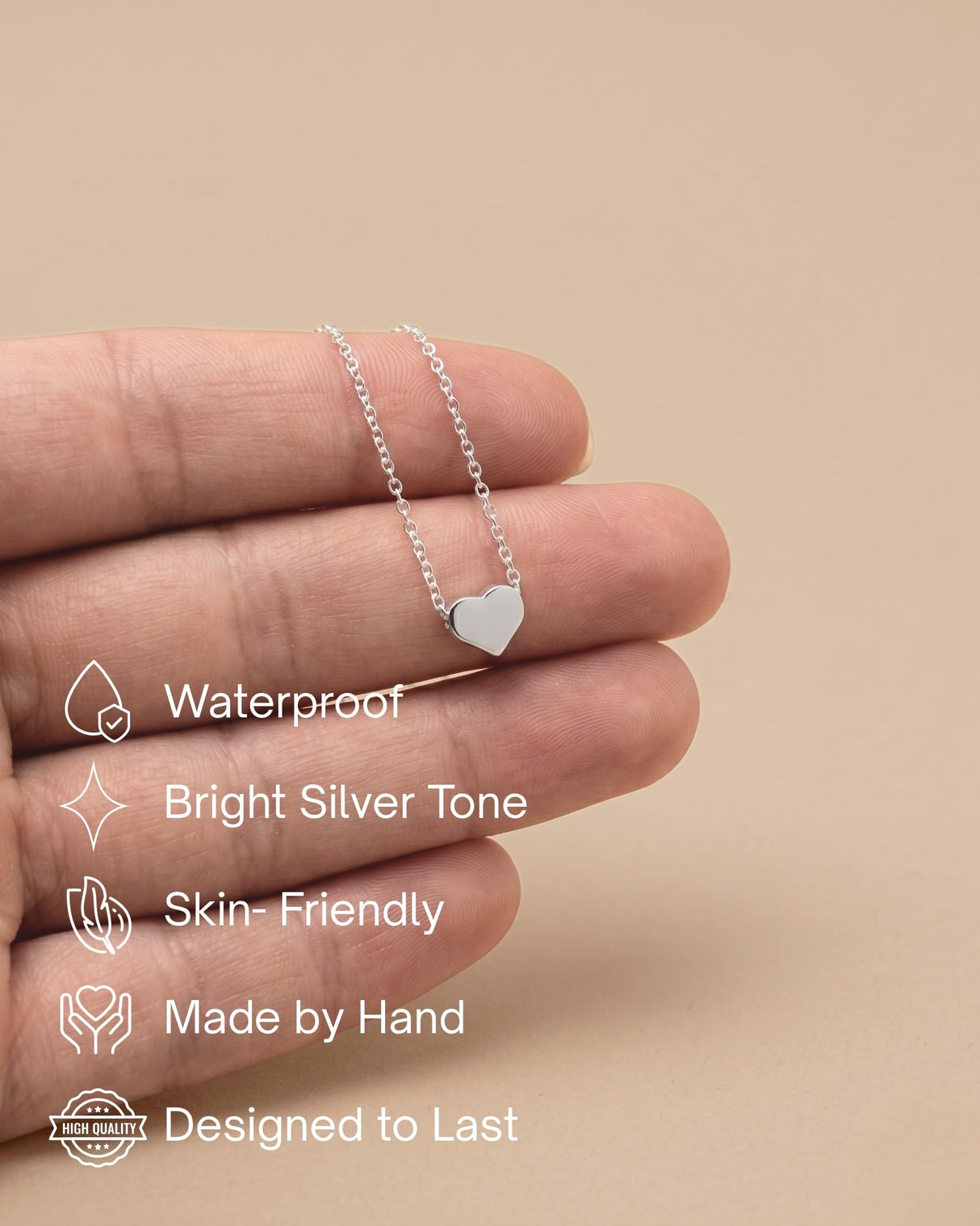 Annika Bella Silver Heart Necklace for Women, Waterproof Dainty Sliding Bead Heart Charm Necklace, Adjustable Minimalist Everyday Jewelry Gift for Her
