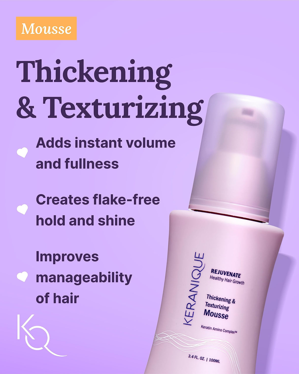 Keranique Volumizing Shampoo and Conditioner Set with Thickening Mousse - Keratin Enriched Volume Kit for Thinning, Fine, Damaged, Dry Hair - Color Safe, Sulfate Free, No Alcohol Formula for Women