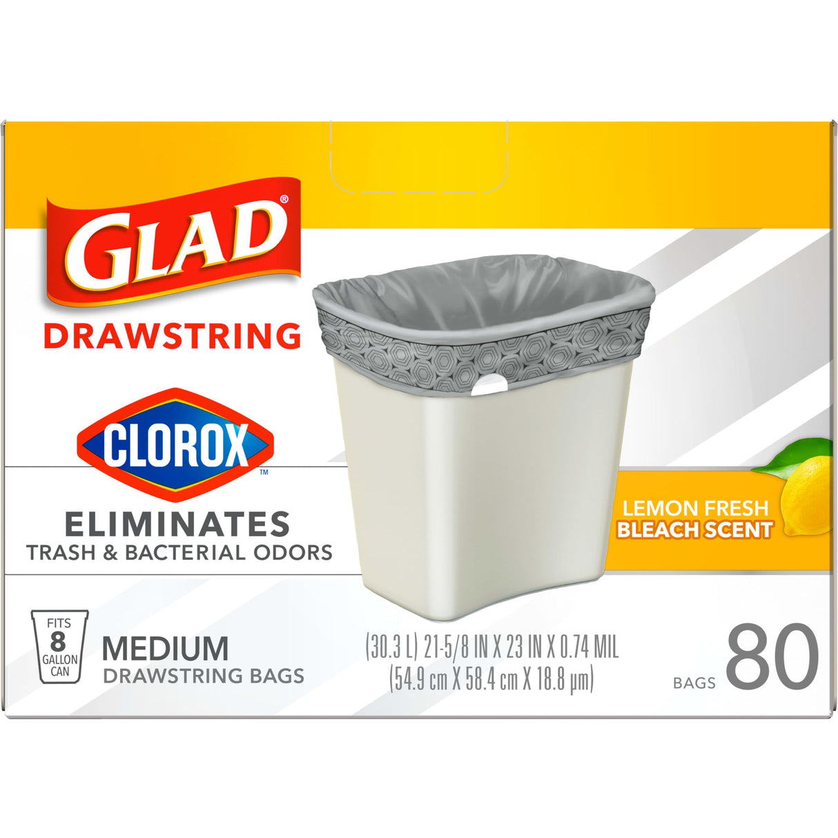 Glad Medium Drawstring Trash Bags with Clorox, 8 Gal, Lemon Fresh Bleach, 80 Ct (Package May Vary)