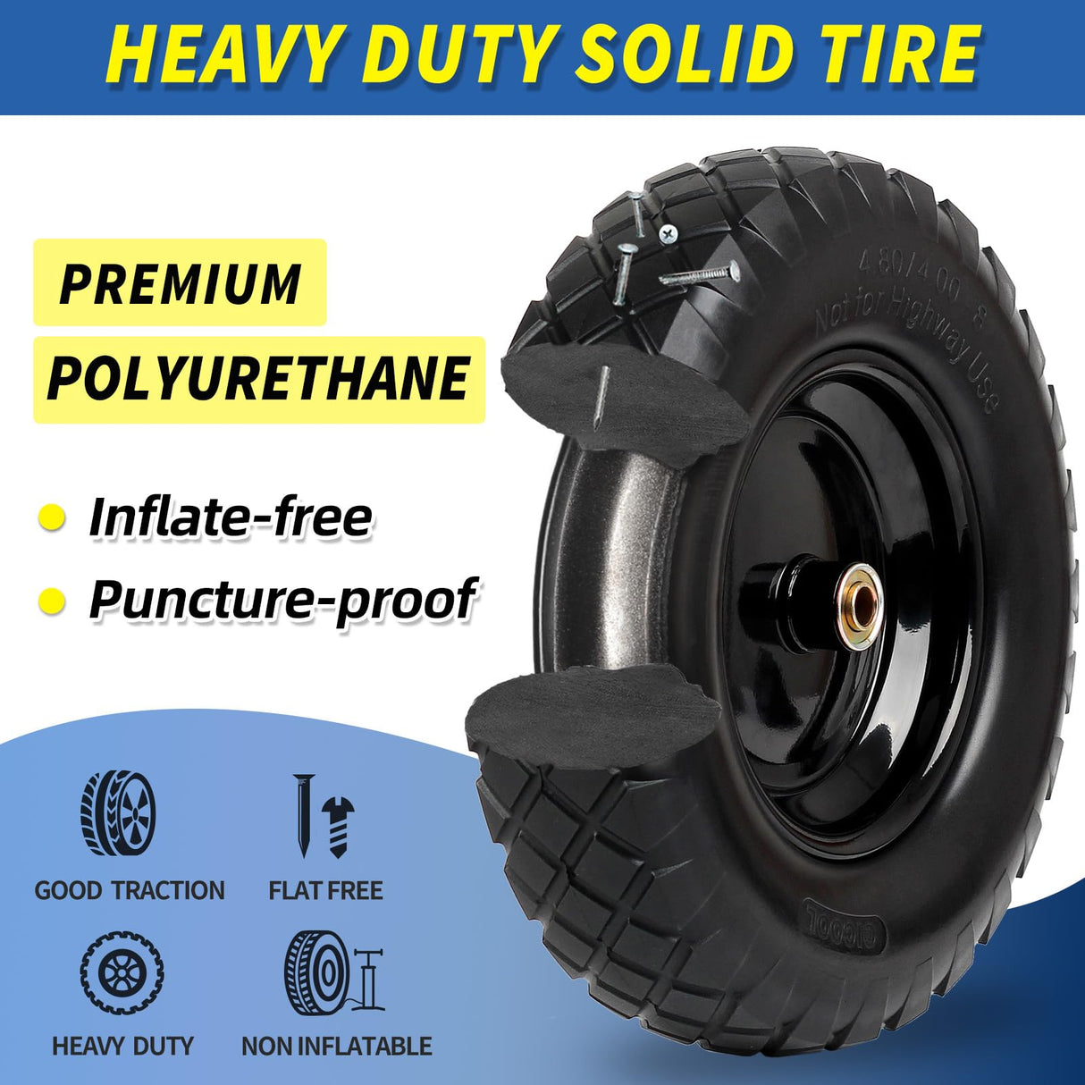 GICOOL 4.80/4.00-8" Wheelbarrow Tire, 16" Flat-Free Solid Tire and Wheel, 3-6" Centered Hub, 5/8" & 3/4" Bearing, For Garden Wagon Cart Trolley Dolly (1 Pack)