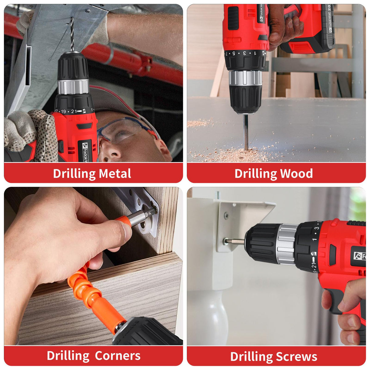 FADAKWALT Cordless Drill Set Red-7420
