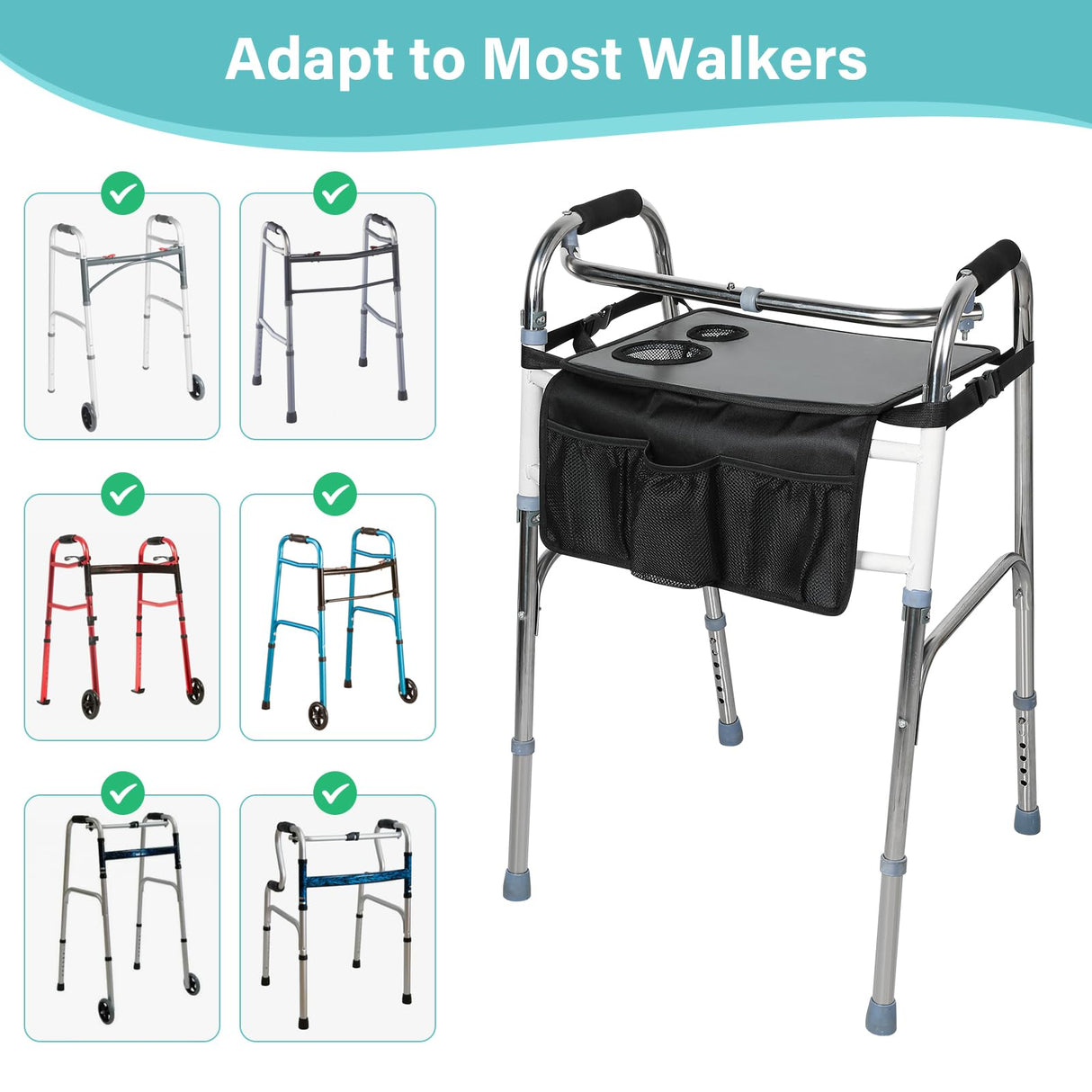 HOOMTREE Walker Tray for Folding Walker, Trays for Walkers for Seniors Detachable with Cup Holder,Walker Trays for Rolling Folding Walker,Walker Accessories for Elderly