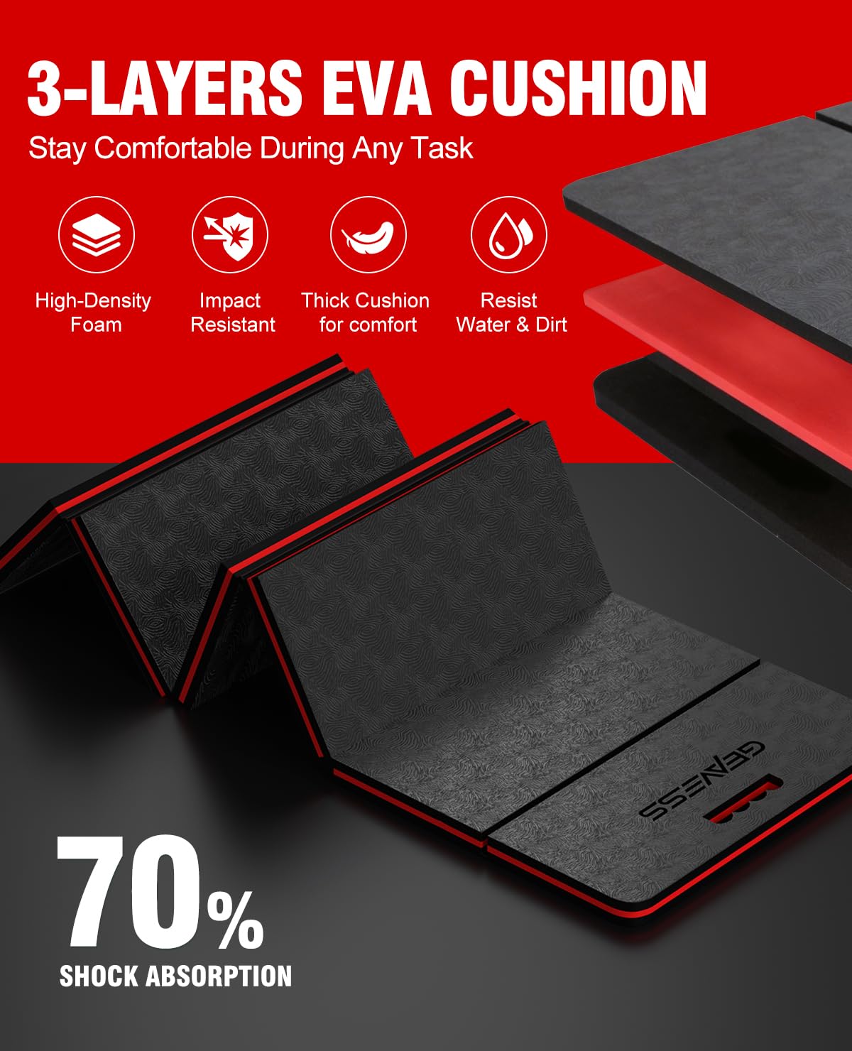 GEAVESS Foldable Kneeling Pad, 47.2" Large Supportive Mechanic Mat with Handle & Storage Strap, Extra Thick Comfortable Foam Knee Pad for Gardening, Garage, Workshop Repairing