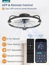 LEDIARY Ceiling Fans with Lights and Remote, 20'' Low Profile Ceiling Fan with Light, 3000-6000K Dimmable Fandelier LED Fan Light, 6 Wind Speeds, Black Modern Flush Mount Ceiling Fan for Bedroom