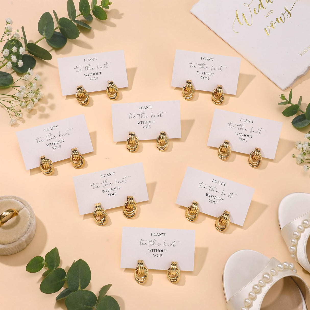 Nosiny 8 Sets Bridesmaid Jewelry Set Gold Pearl Drop Knot Earrings with 8 Pcs I Can't Tie The Knot Without You Cards Proposal Gifts Wedding Thank You Gifts for Bridesmaids