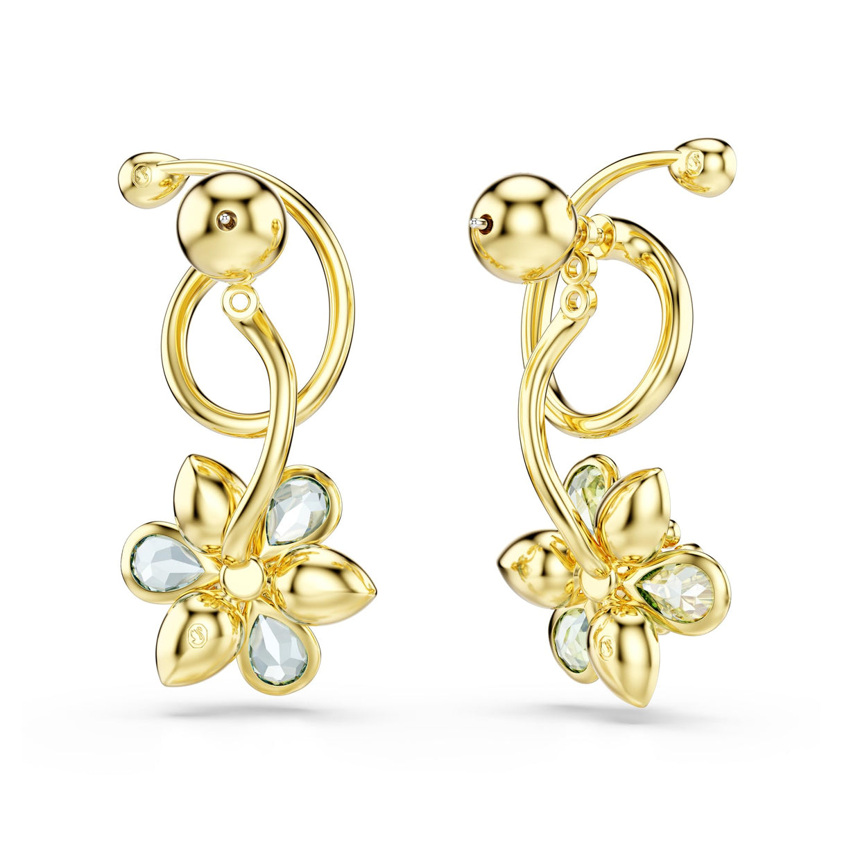 Swarovski Idyllia drop earrings, Asymmetrical design, Mixed cuts, Flower, Multicolored, Gold-tone finish