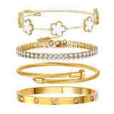 Gold Bracelets for Women, 18K Gold Plated Women Tennis Bracelets Clover Nail Love Bangle Bracelet Set, Gold Bracelet Stackable Set Trendy Jewelry, Gifts for Women's Day and Mother's Day (04-Color-white)