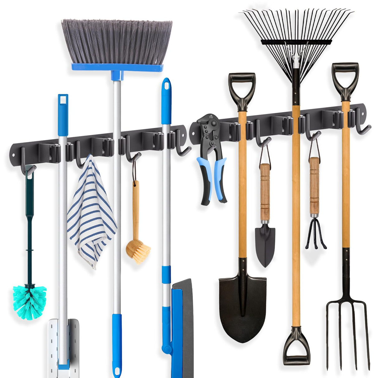 ZONGOOL 2 Pack 3 Racks and 4 Hooks Mop and Broom Holder Wall Mount, Heavy Duty Broom Hanger Organizer Storage Tool Racks Stainless Steel Self Adhesive Wall Hanger for Kitchen Garden Laundry Garage