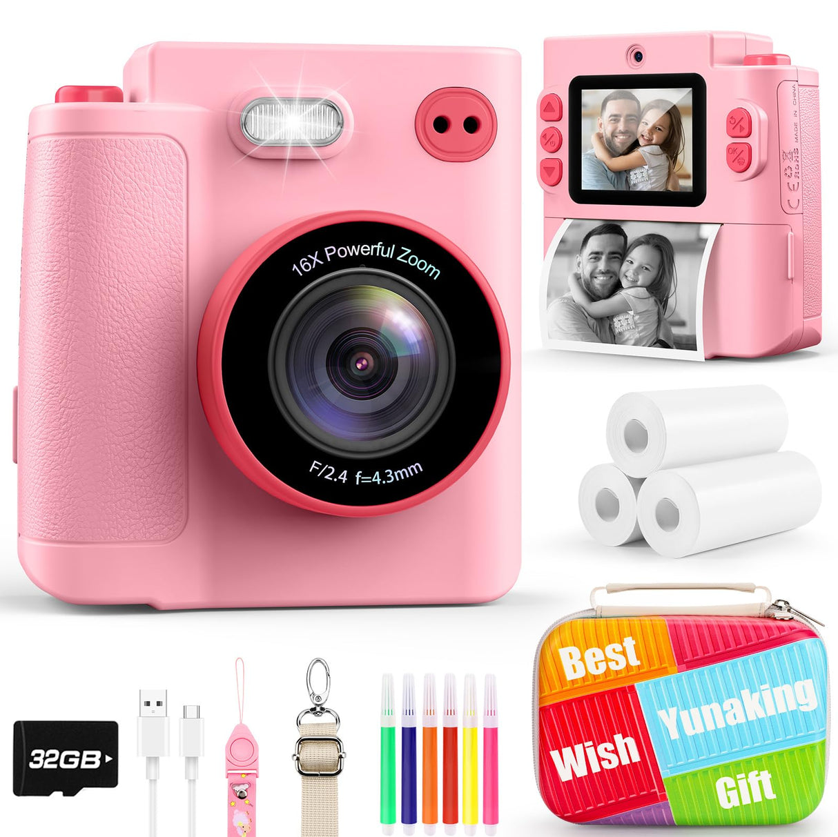 Gift for Girls Kids Camera: Instant Print Dual Lens Digital Camera Toys for Girl 3-12 Birthday Christmas Valentines Gifts for Kid Girls Boys Ages 3 4 5 6 7 8 9 10 with 32G SD Card Storage Bag Pink