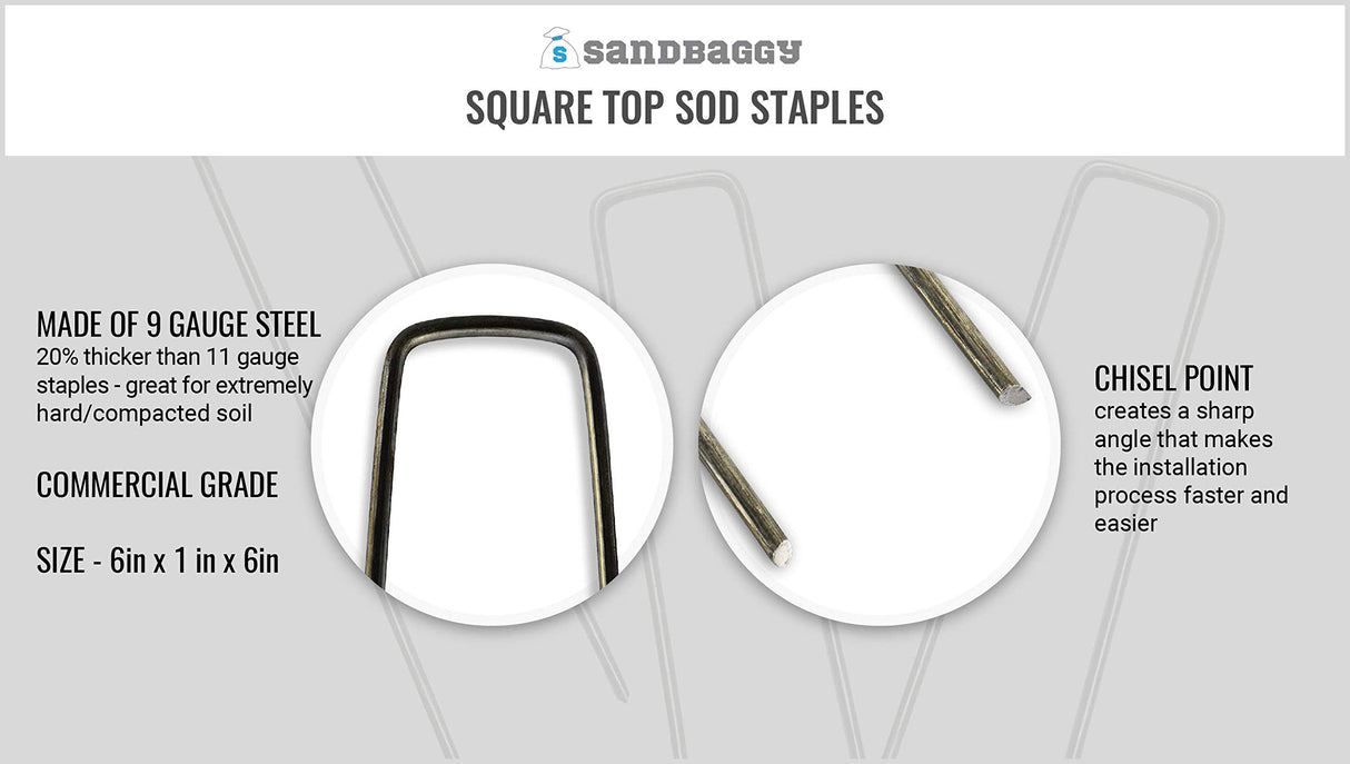 Sandbaggy 6 inch Landscape Sod Staples (9 Gauge Steel) ~ Great for Hard Soil - 20% Thicker Than Competition - Trusted by Farmers & Contractors Across USA (200 Staples)