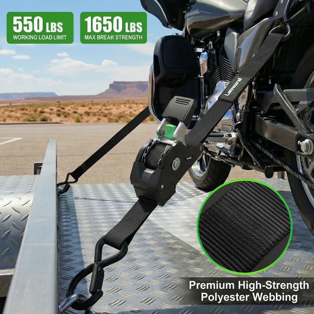 Retractable Ratchet Straps (4-Pack) - 1 Inch x 10 Feet (1,650lb Break Strength) - Heavy Duty Auto Self Retracting Tie Down Straps for Motorcycle, ATV, UTV, Truck, Cargo Trailer - Black