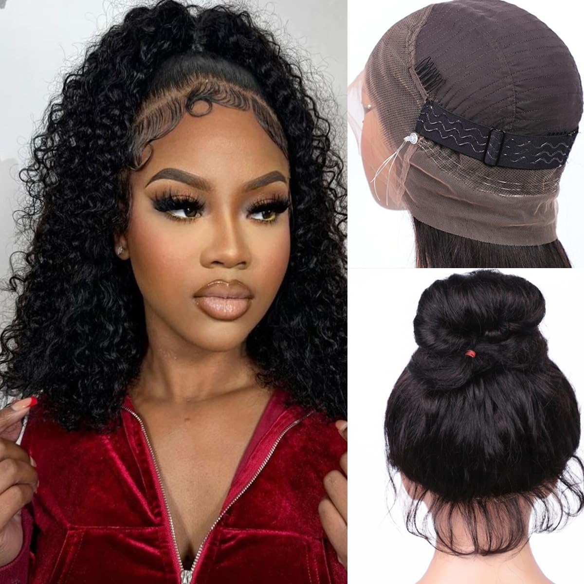 Ebarly Hidden Strap Water Wave 360 Glueless Wigs Human Hair Pre Plucked Pre Cut 180 Density Wet and Wavy HD Full Lace Frontal Drawstring Wig with baby hair (18 inch)