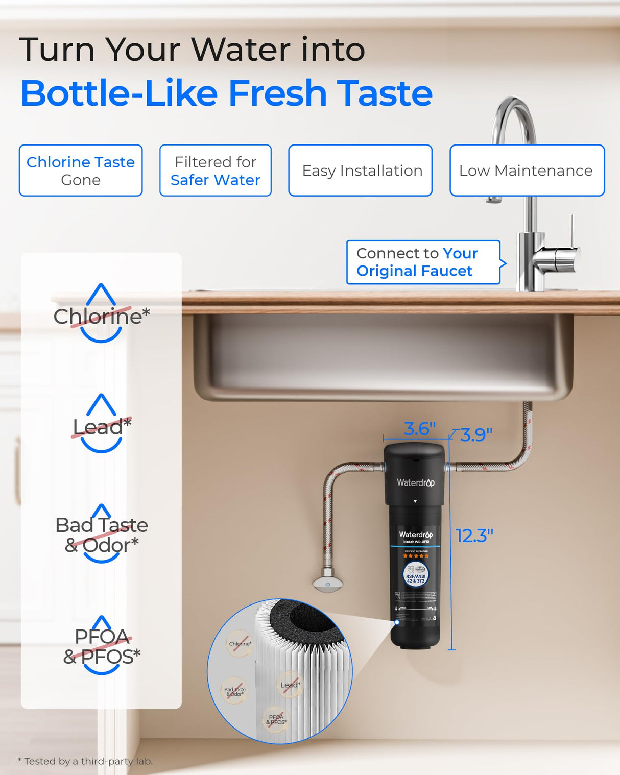 Waterdrop 10UA Under Sink Water Filter System, Reduces PFAS, PFOA/PFOS, Lead, Chlorine, Bad Taste & Odor, Under Counter Water Filter Direct Connect to Kitchen Faucet, NSF/ANSI 42 Certified, 1 Year