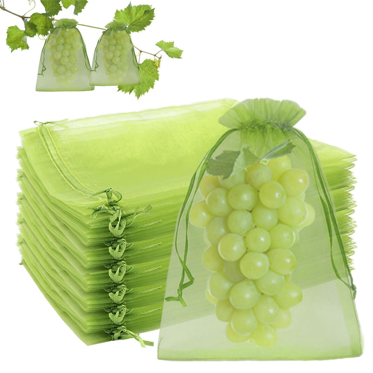 Uigidori 100 Pcs Fruit Protection Bags, 8 x 12 Inch Green Netting Cover Bags with Drawstring, Pest Barrier for Trees, Garden Cover Mesh Bags for Plant Fruit, Flower and Vegetables