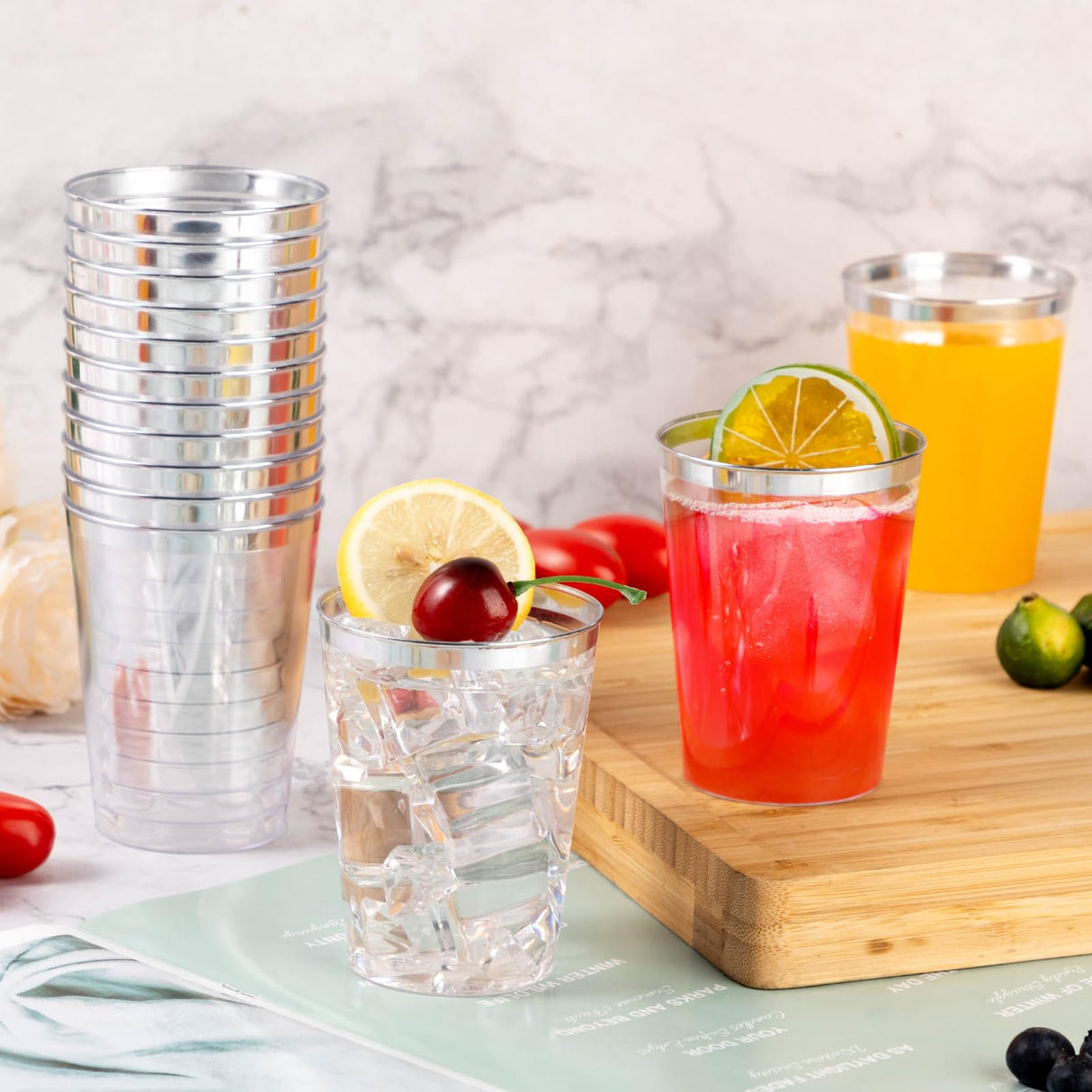 Goodluck 100PCS 10oz Plastic Cups for Party, Disposable Silver Plastic Cups, Cocktail Glasses for Wedding Thanksgiving, Christmas, and Parties