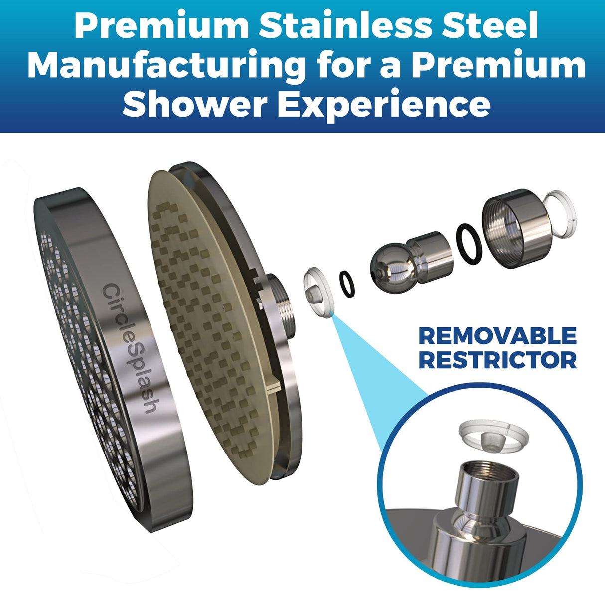 High Pressure Shower Head - Anti-Clogging Silicone Nozzles - 2.5 GPM Removable Restrictor - Easy to Clean Adjustable Replacement - easy to install with Plumbers Tape - 6 inch - Classic Chrome Finish