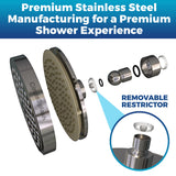 High Pressure Shower Head - Anti-Clogging Silicone Nozzles - 2.5 GPM Removable Restrictor - Easy to Clean Adjustable Replacement - easy to install with Plumbers Tape - 6 inch - Classic Chrome Finish
