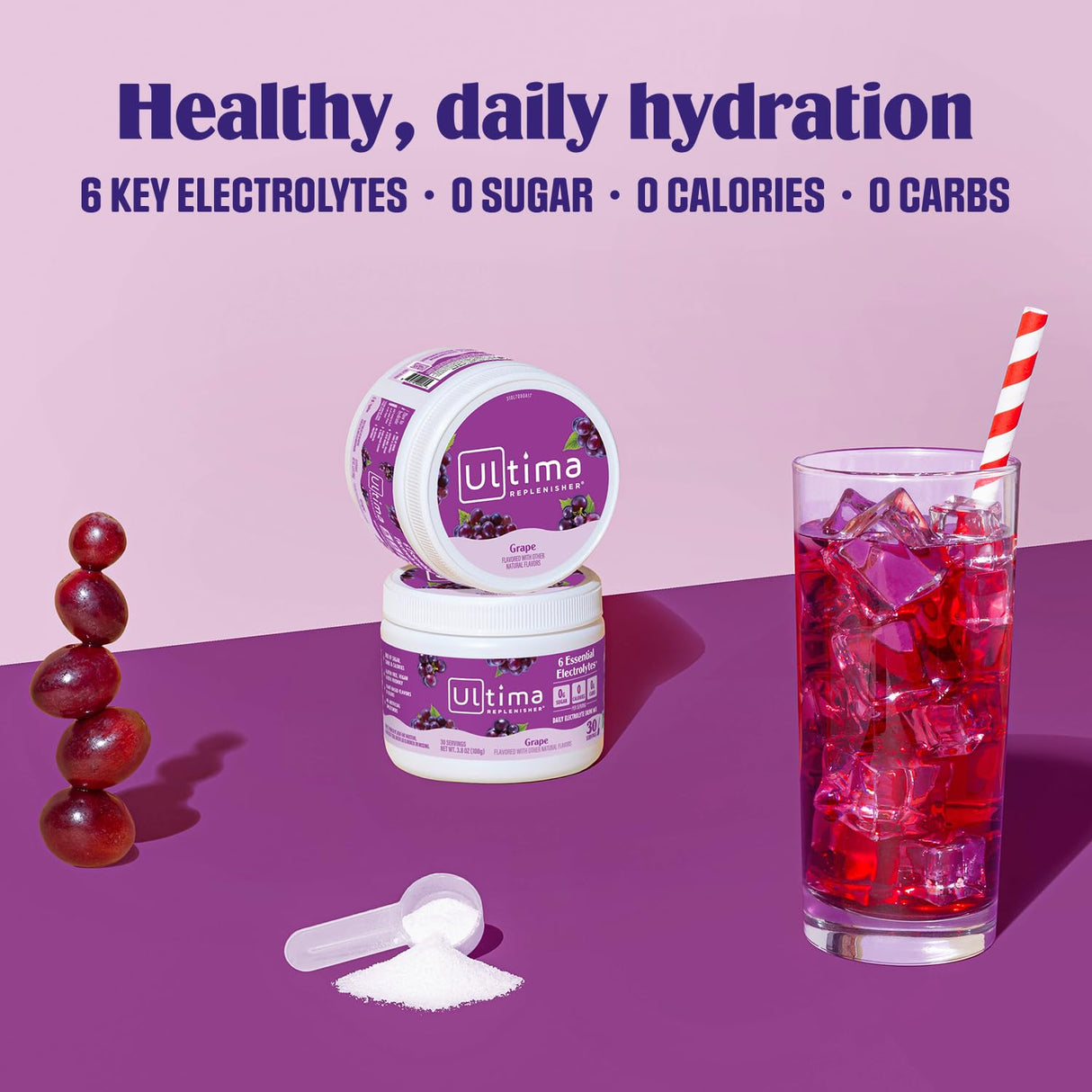 Ultima Replenisher Daily Electrolyte Powder Drink Mix – Sugar Free – Grape, 30 Servings – Hydration Powder with 6 Key Electrolytes and Trace Minerals – Keto Friendly, Vegan, Non-GMO