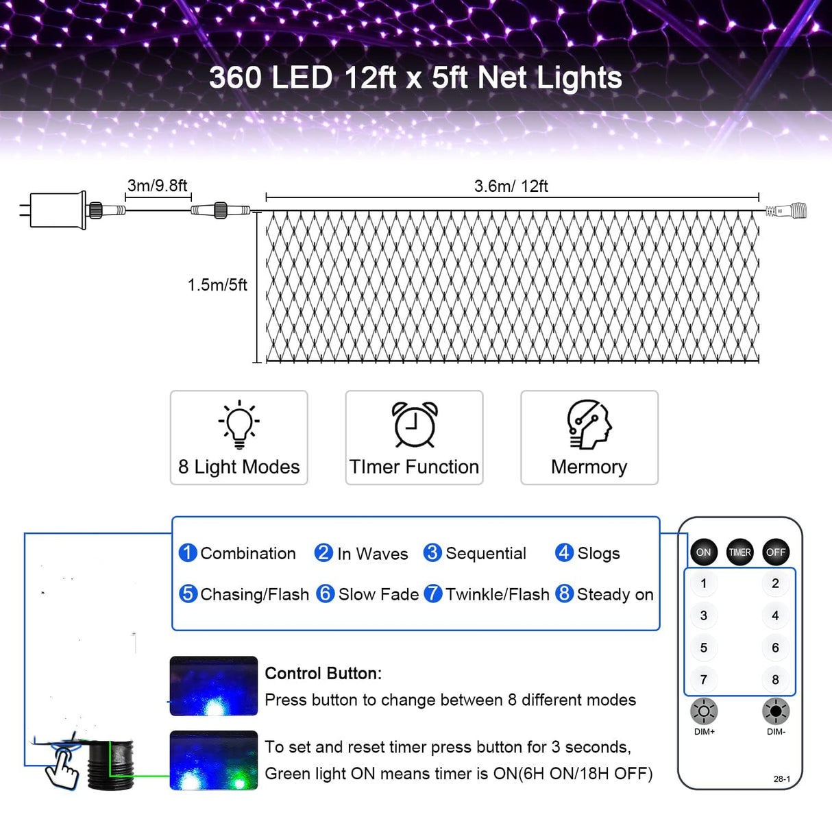 JMEXSUSS 360 LED Purple Halloween Lights - Plug in, Outdoor Waterproof, 12 ft x 5 ft Purple Net Lights with Remote for Halloween & Christmas Bush