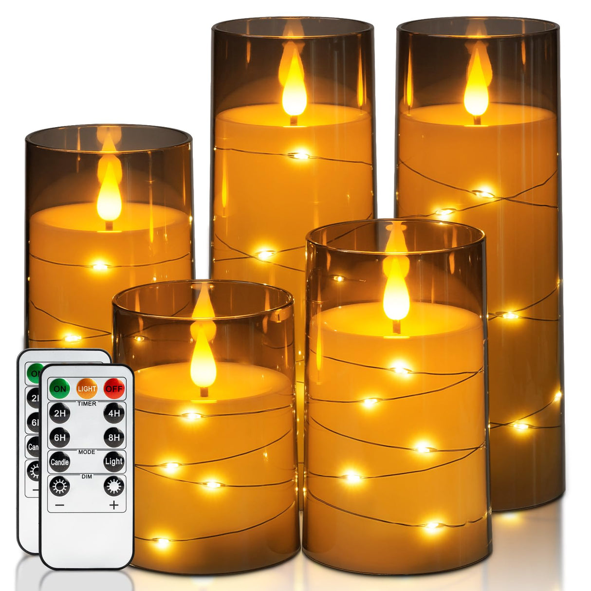 Homemory Flameless Candles with Embedded Star String Fairy Lights, Battery Operated Candles, LED Candle, Fake Candles with Remote Control and Timer for Halloween, Gray Acrylic, Set of 5(H4"5"6"8"8")