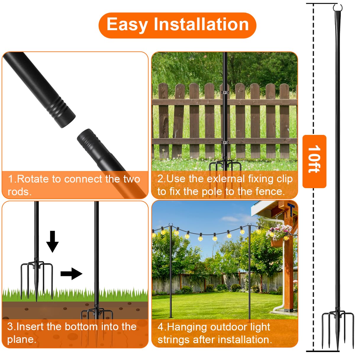 MuliVid 6 Pack 9FT String Light Poles for Outdoor,Metal Lights Hanging Pole Outside with Fork,Light Stand for Patio, Pergola, Garden, Backyard, Yard, Camping Party