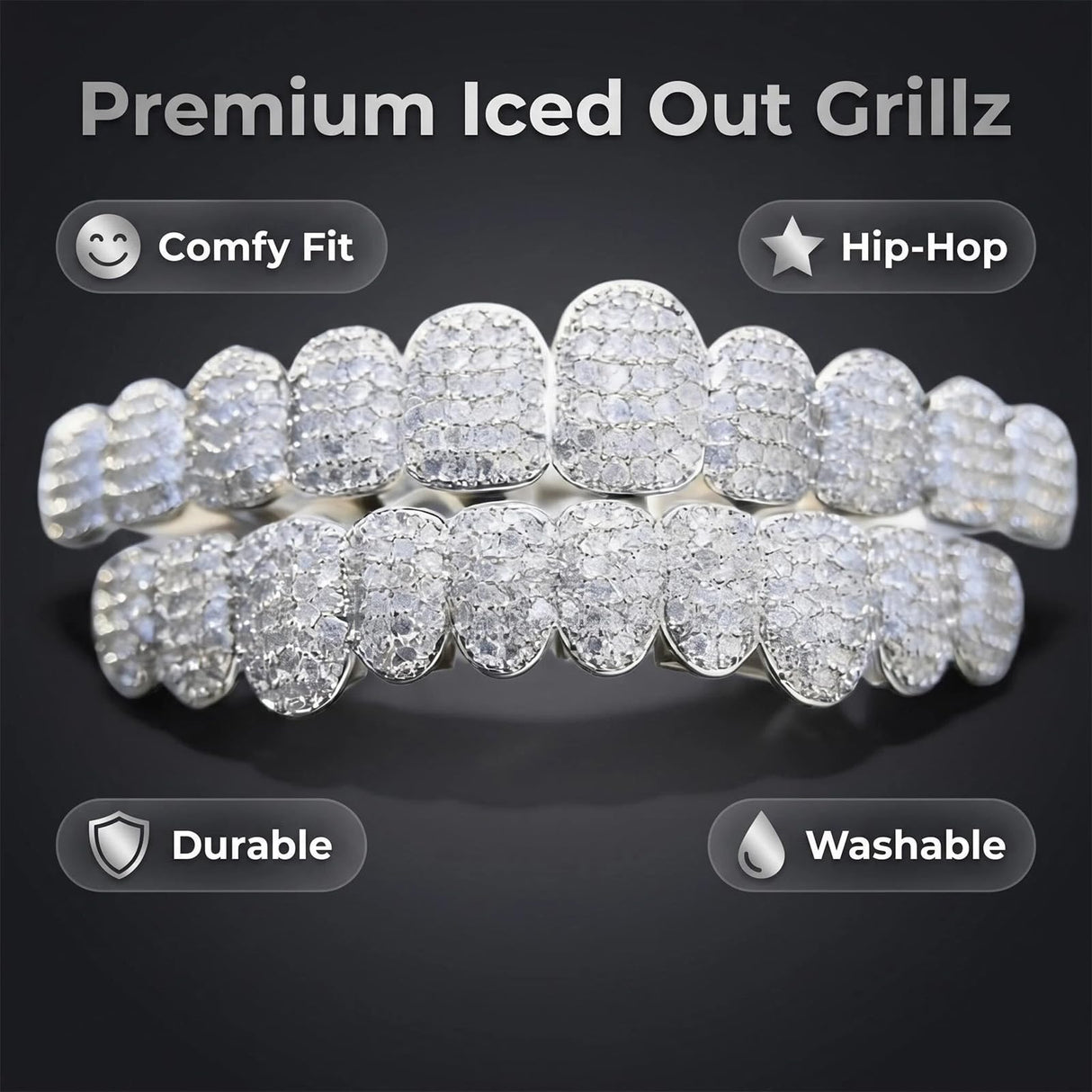 Men and women Adjustable Gold and Silver Grillz - Hip Hop Bling Tooth Covers with Cubic Zirconia - Detachable Fashion Dental Jewelry for Men (Silver)