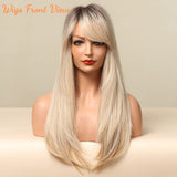Honygebia Long Blonde Wig with Bangs - Ombre Dark Root Blonde Wigs for White Women, Striaght Wavy Synthetic Heat Resistant Hair, Natural Cute Wigs for Halloween/Christmas/Cosplay/Party