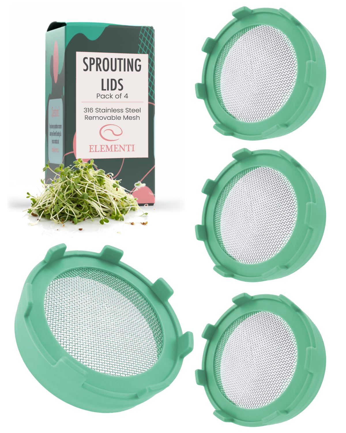 Elementi Sprouting Lids for Wide Mouth Mason Jars (Set of 4), Sprouting Jar Kit for Organic Sprouts, Alfalfa & Mung Bean Sprouts Grow Kit, 316 Stainless Steel Mesh Screen Strainer Lid (Mint Green)