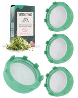 Elementi Sprouting Lids for Wide Mouth Mason Jars (Set of 4), Sprouting Jar Kit for Organic Sprouts, Alfalfa & Mung Bean Sprouts Grow Kit, 316 Stainless Steel Mesh Screen Strainer Lid (Mint Green)