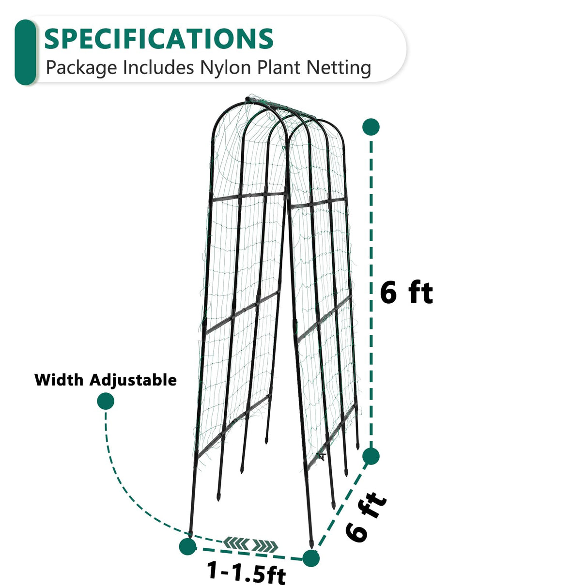 SUMGROW 6 ft Tall, Garden Trellis for Climbing Plants Outdoor with Nylon Net for Cucumbers Vines Beans Raised Bed - Lightweight Metal, Black