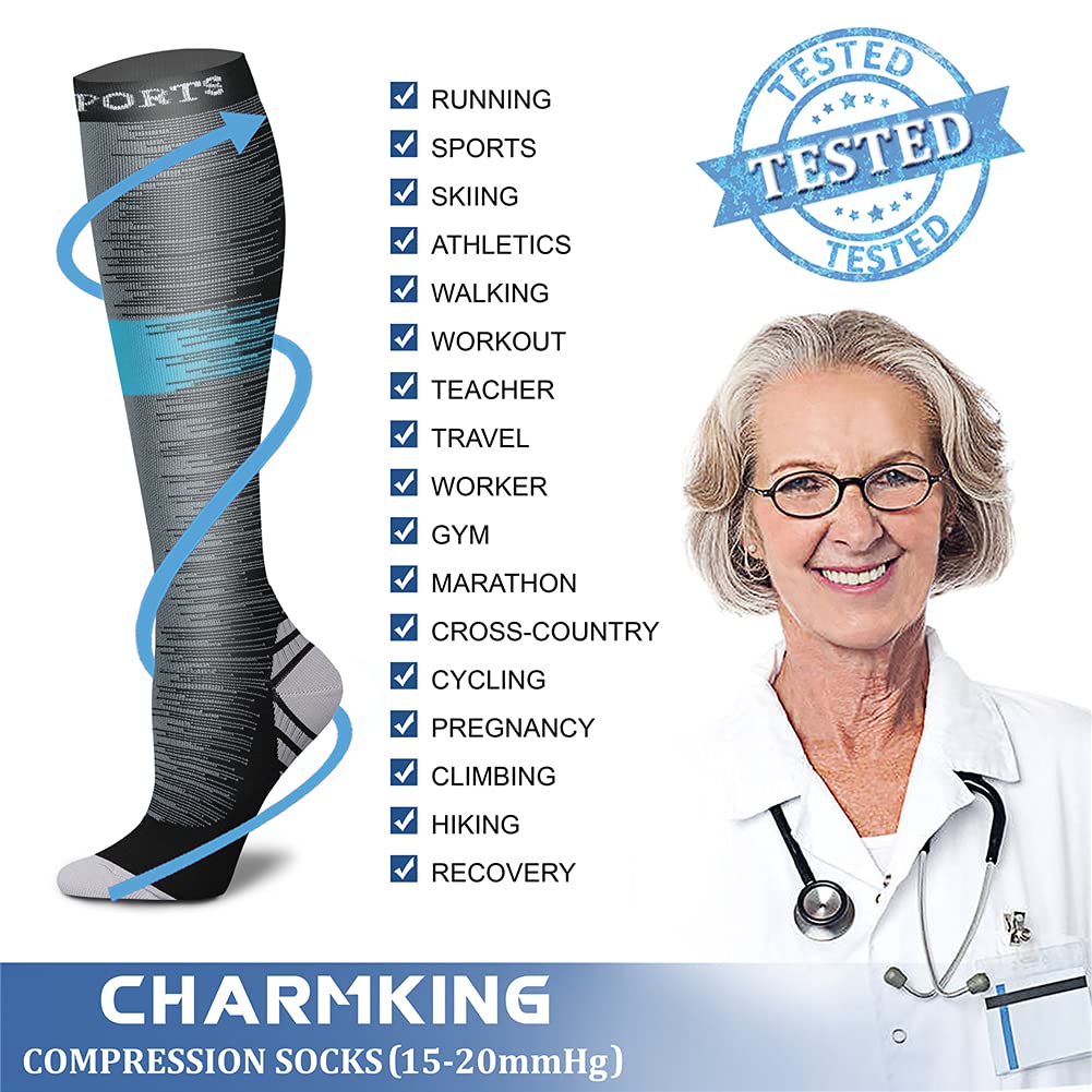CHARMKING Compression Socks for Women & Men (8 Pairs) 15-20 mmHg Graduated Copper Support Socks are Best for Pregnant, Nurses - Boost Performance, Circulation, Knee High & Wide Calf (L/XL, Multi 19)