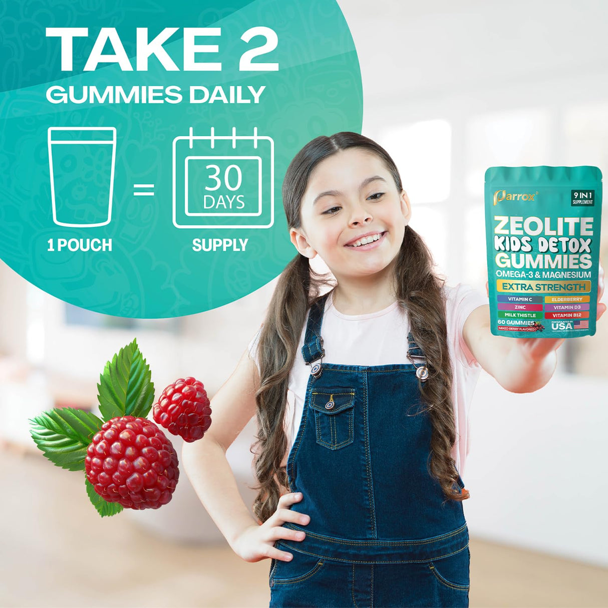 Parrox Zeolite Kids Gummies, 9-in-1 with Zeolite, Omega-3, Magnesium, Elderberry, Vitamin C, Milk Thistle, Vitamin D3, Zinc, B12 – Sugar-Free (60 Gummies – Mixed Berry Flavor)