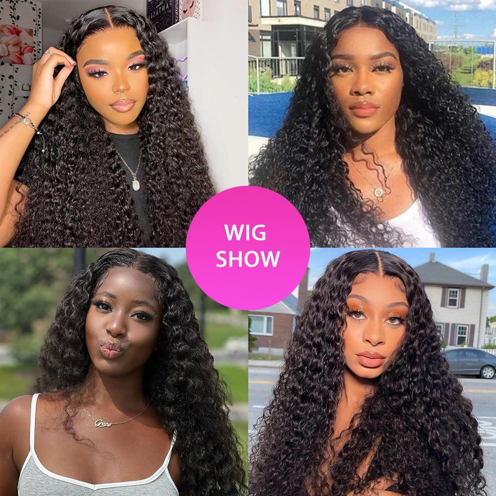 24 inch Glueless Wigs Human Hair Pre Plucked Pre Cut 7X5 HD Lace Upgrade Invisible Knots Wear and Go Deep Wave No Glue Lace Wig, Glueless Wig Human Hair Wigs Natural black 200% Density