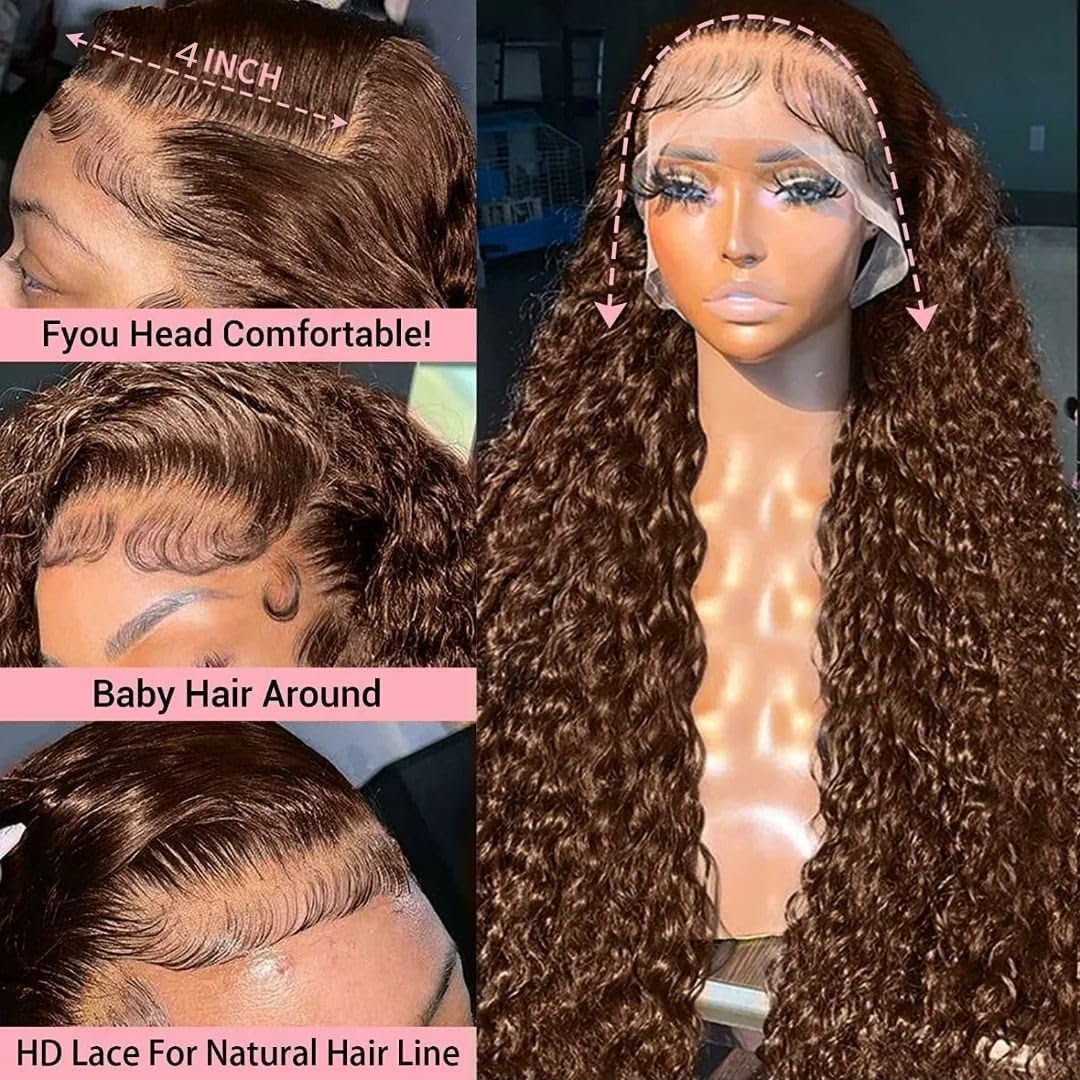 Chocolate Brown HD Lace Front Wigs Human Hair 180% Density 13x4 Water Curly Lace Front Wigs Human Hair Pre Plucked Glueless Wigs Human Hair for Black Women (20Inch, Brown)