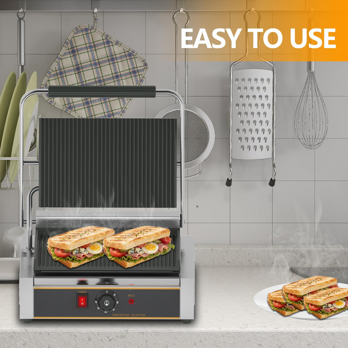 HTTSICHI Commercial Panini Press - 2200W Commercial Electric Panini Sandwich Grill w/Nonstick Coating & Adjustable Temp, Panini Grill Press w/ 9"x9" Cooking Pan, Double-sided Heating