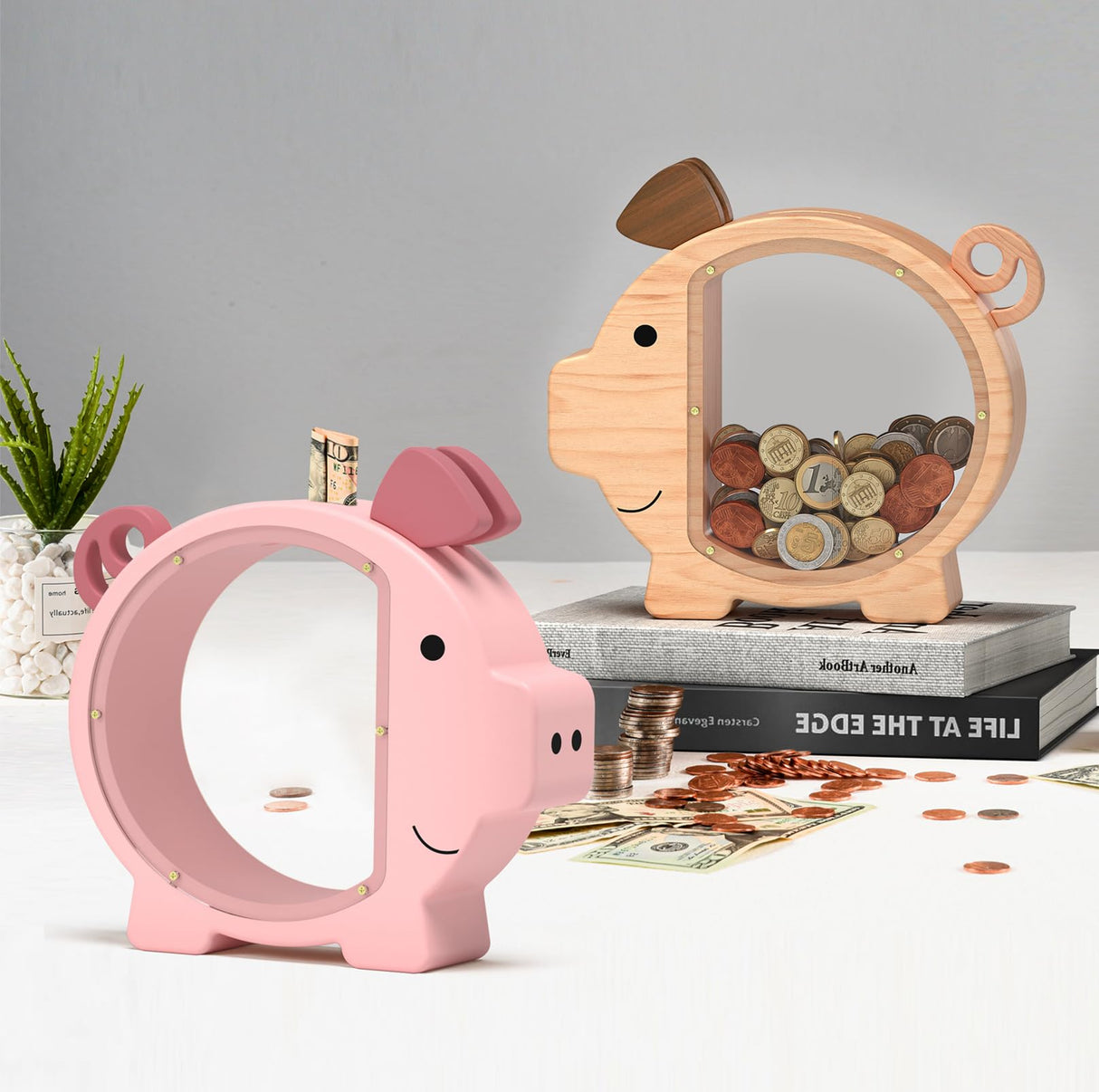 Summidate Wooden Piggy Bank for Kids Large Money Bank for Boys Girls,Cute Unbreakable Wood Money Box, Creative Saving Money Jar Personalized Gifts for Child Birthday Christmas & Decor