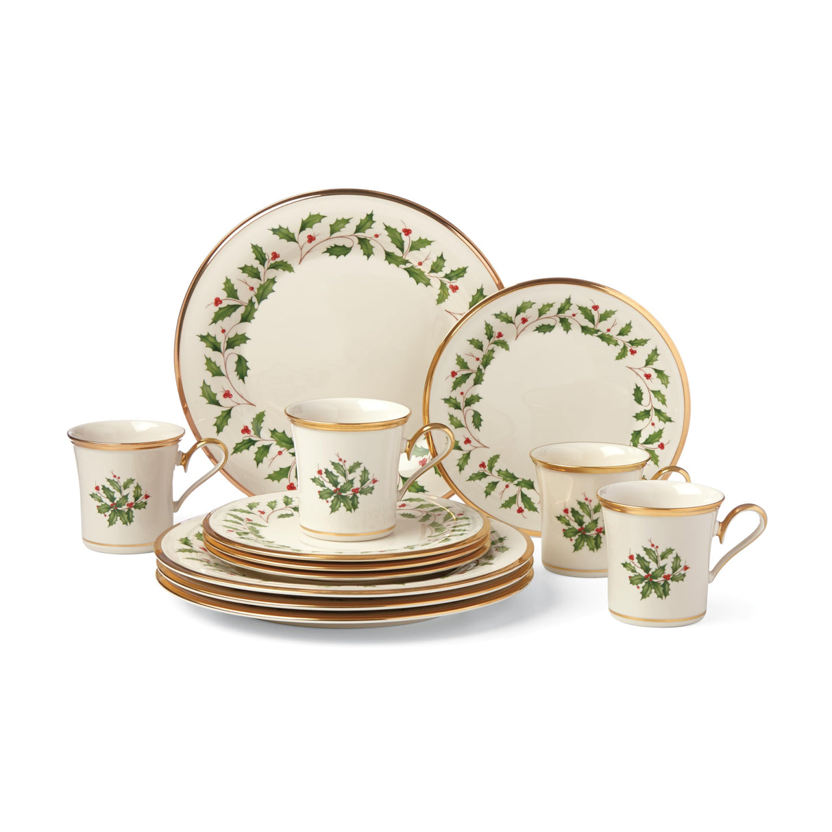 Lenox 6122048 Holiday 12-Piece-Plate-&-Mug Set, Christmas Dinnerware, Hosting