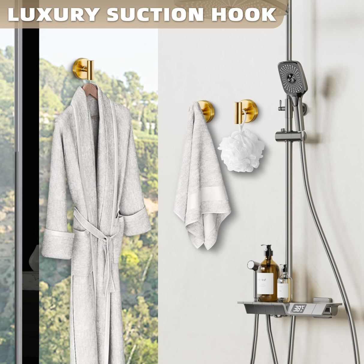 Fenas Suction Cup Hooks for Shower - Bathroom Reusable Hooks for Towels, Robes & Loofah - No-Drill Mounting on Kitchen,Walls,Metal,Glass,Mirrors,Tile & Smooth Non-Porous Surfaces (4, Brushed Gold)