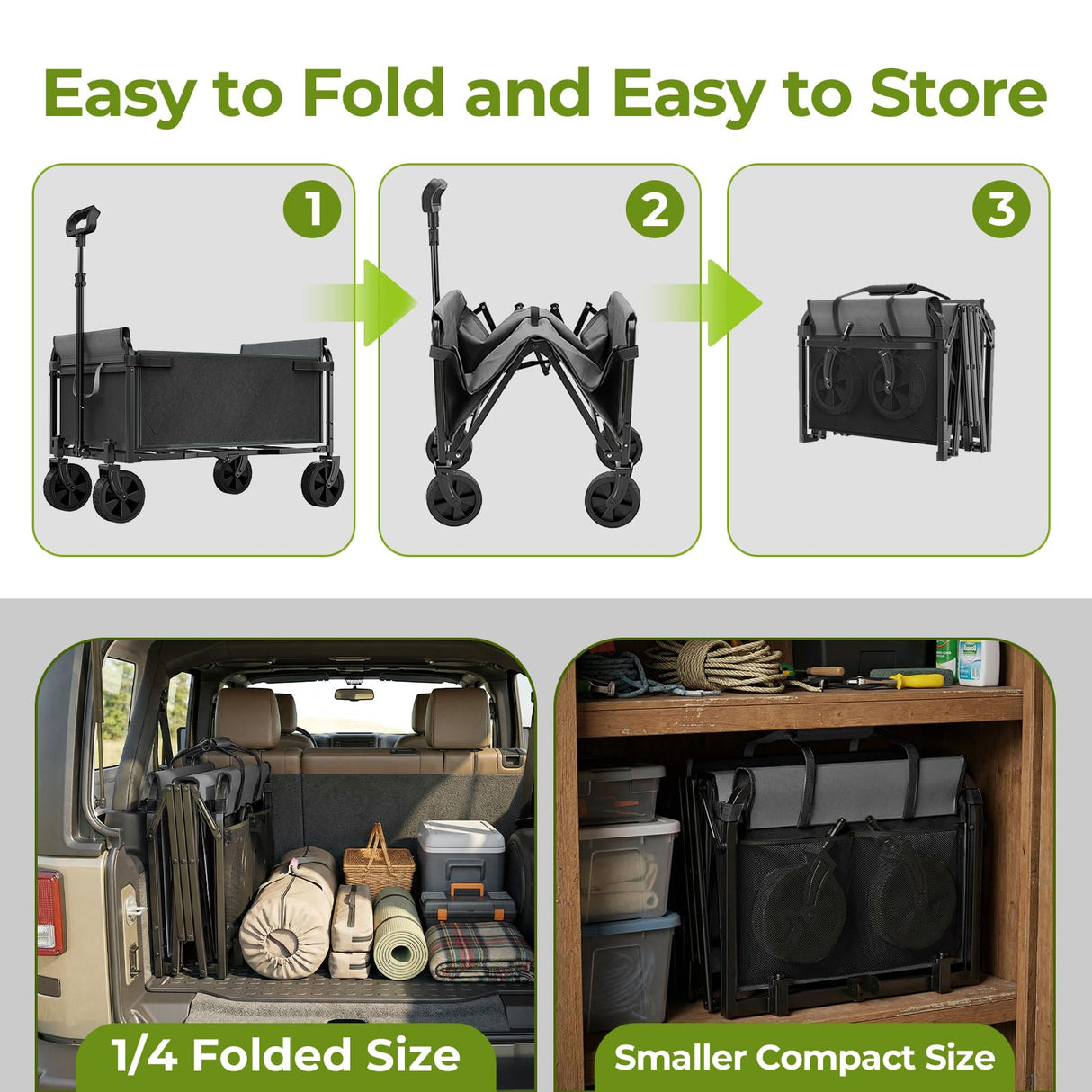 Aimnny Wagons Carts Foldable, Lightweight Collapsible Utility Wagon-220LBS Capacity One-Side Full Zipper, Side Load No Lifting for Light Camping, Grocery, Shopping, Sports & Apartment Moving (Black)