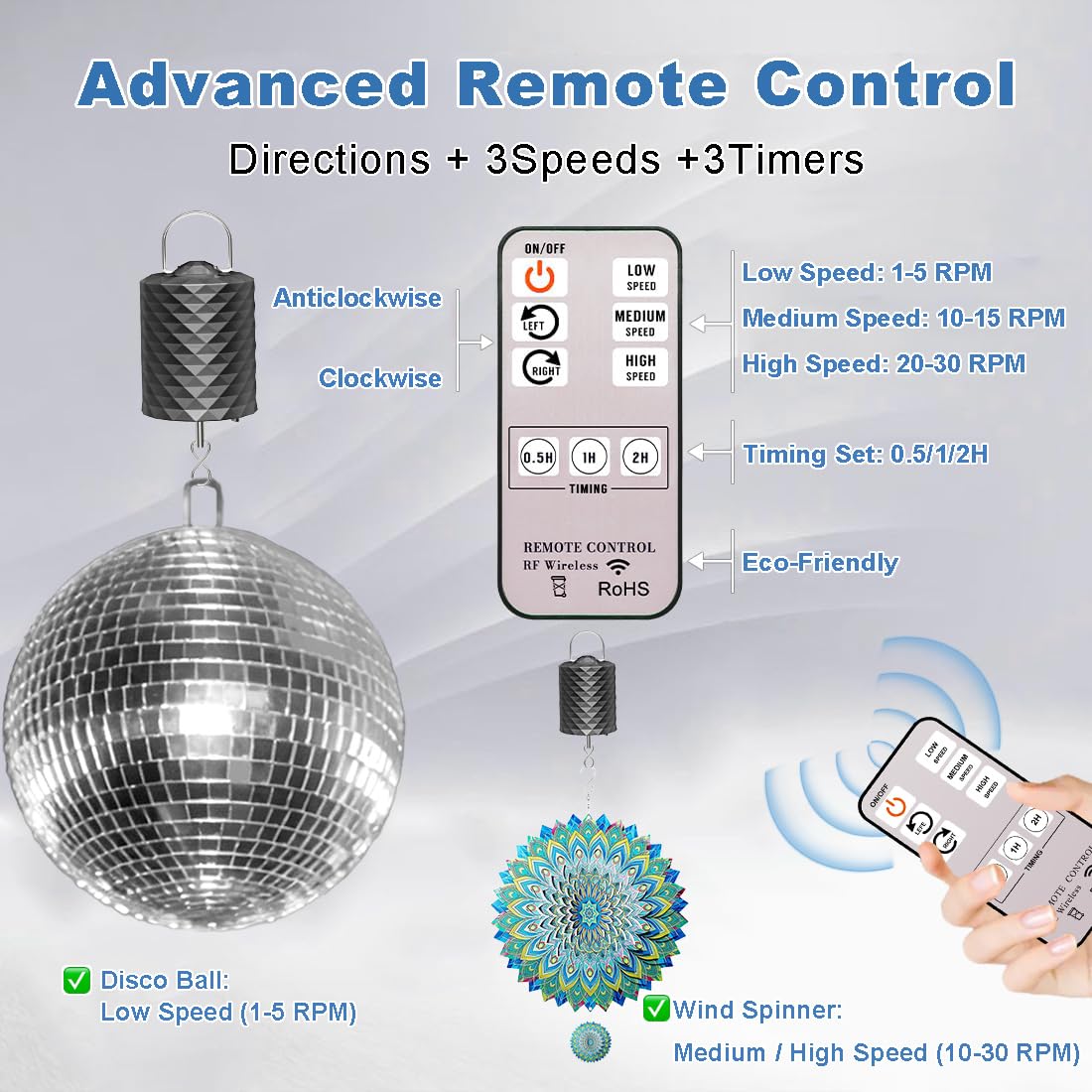 Disco Ball Motor with Remote, 1-30 RPM 3 Speeds & 2-Way Rotation,12LBS Capacity, 0.5/1/2H Timing for 6-20" Mirror Ball, Battery Operated Slow Control Wind Chime Spinner for Baby Crib Mobile Decor