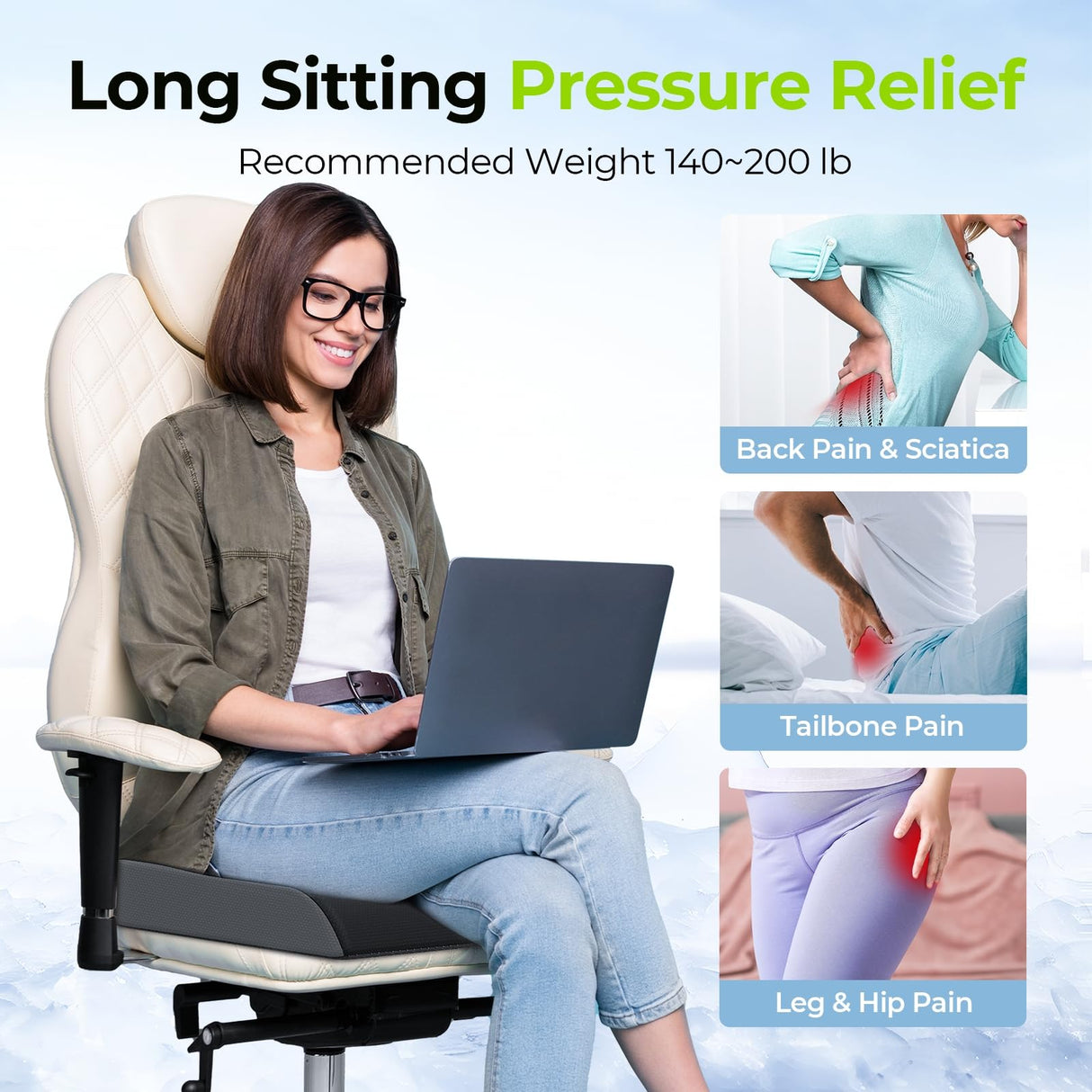 AUVON Cooling Gel Seat Cushion for Office Chair, FSA HSA Eligible, Large Tailbone Cushion with Thick Memory Foam for Sciatica & Lower Back Pain Relief, Non-Slip XL Cushion for Car Seat, Gaming, Home