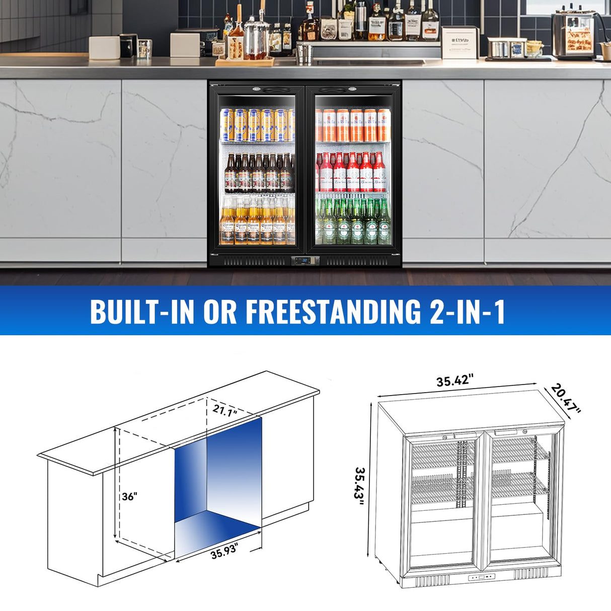 Tylza Back Bar Cooler With 2 Glass Doors, 200L Under Counter Back Bar Refrigerator with LED Lighting, Safety Locks, Counter Height Bar Beverage Cooler for Beer, Soda Drinks, Wine, Black
