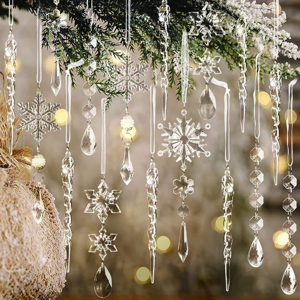 Christmas Tree Decoration Crystal Ornaments - 32pcs Acrylic Christmas Ornaments Snowflake Icicle Drop Crystal Hanging Ornaments for Xmas Tree Winter Holiday Frozen Party Decorations