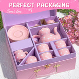 TUZT Porcelain Tea Party Set for Little Girls, Kids, Toddlers - 13Pcs Pink Heart Ceramic Set with Pot, Cups, Saucers & Carrying Case - Pretend Play Kitchen Toys - Christmas Birthday Gift for Girls