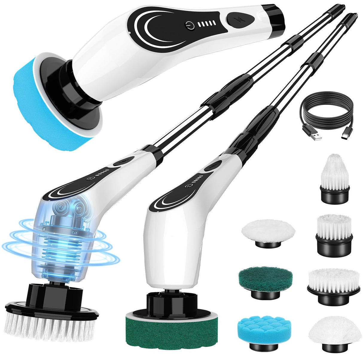 Lichffy Electric Spin Scrubber, Cordless Power Scrubber with 7 Replaceable Brush Heads, 2-Speed Adjustable Handle, IPX7 Waterproof Shower Scrubber for Bathroom, Tile, Tub, White-rx2